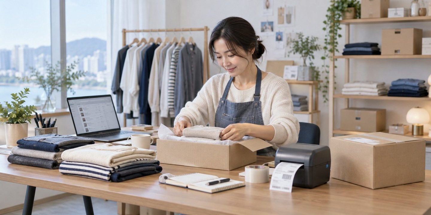 상품 포장 공간에서 노트북으로 업무를 보는 운영자 — PG 소규모 매장 카드단말기 A/S 쉬는 날 멈춰도 접수해요 처리는 평일(월요일부터) 이어서 하고 일정을 알려 드려요.