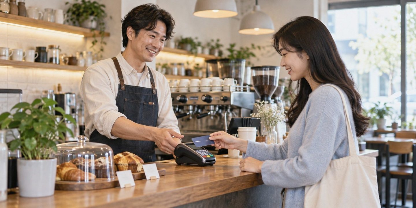 매장 카운터에서 결제 기기를 함께 확인하는 두 사람 — PG 소규모 매장 카드단말기 오늘 연락하면 빠르면 오늘, 작은 가게 계산대에 카드가 열립니다.
