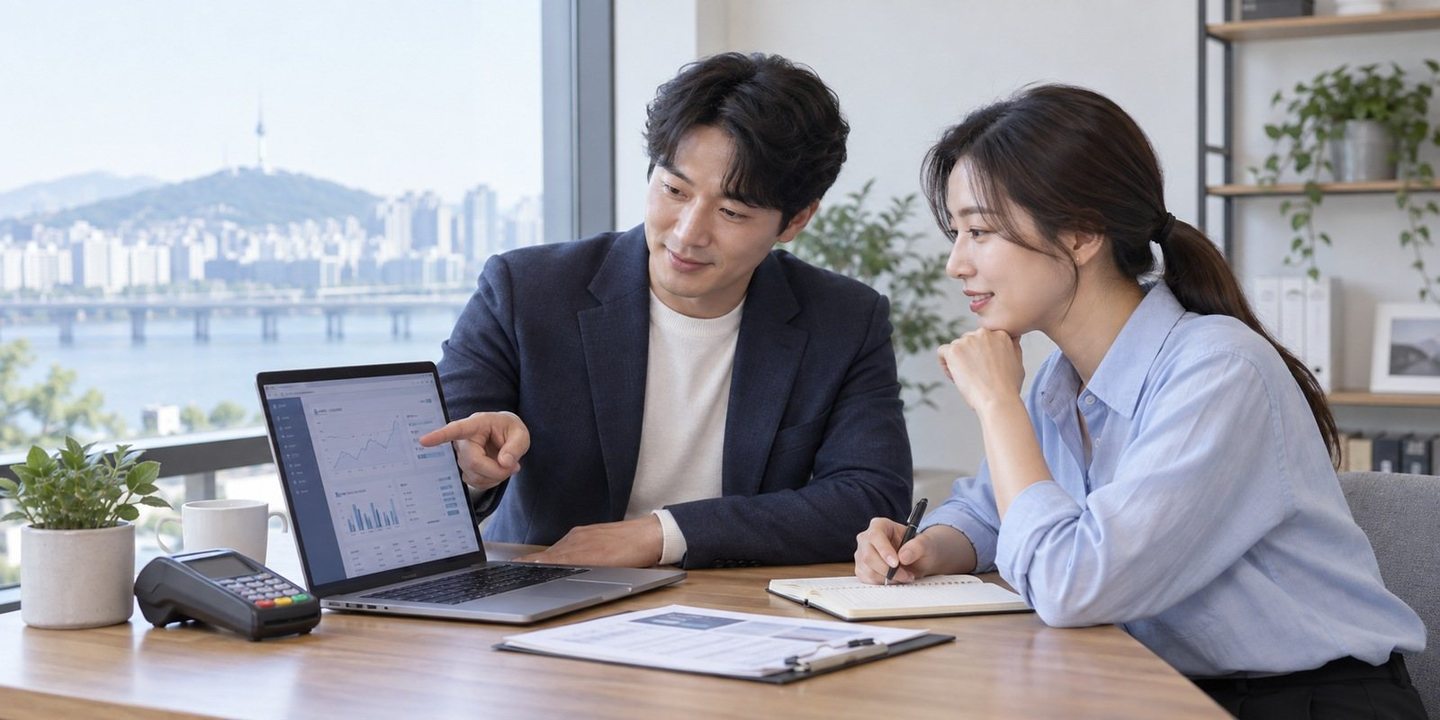 노트북 화면을 함께 확인하는 두 사람 — PG 소규모 매장 카드단말기 상담 장사 중에도 편하게 남기세요. 연락 주시면 개통까지 저희가 이어 갑니다.